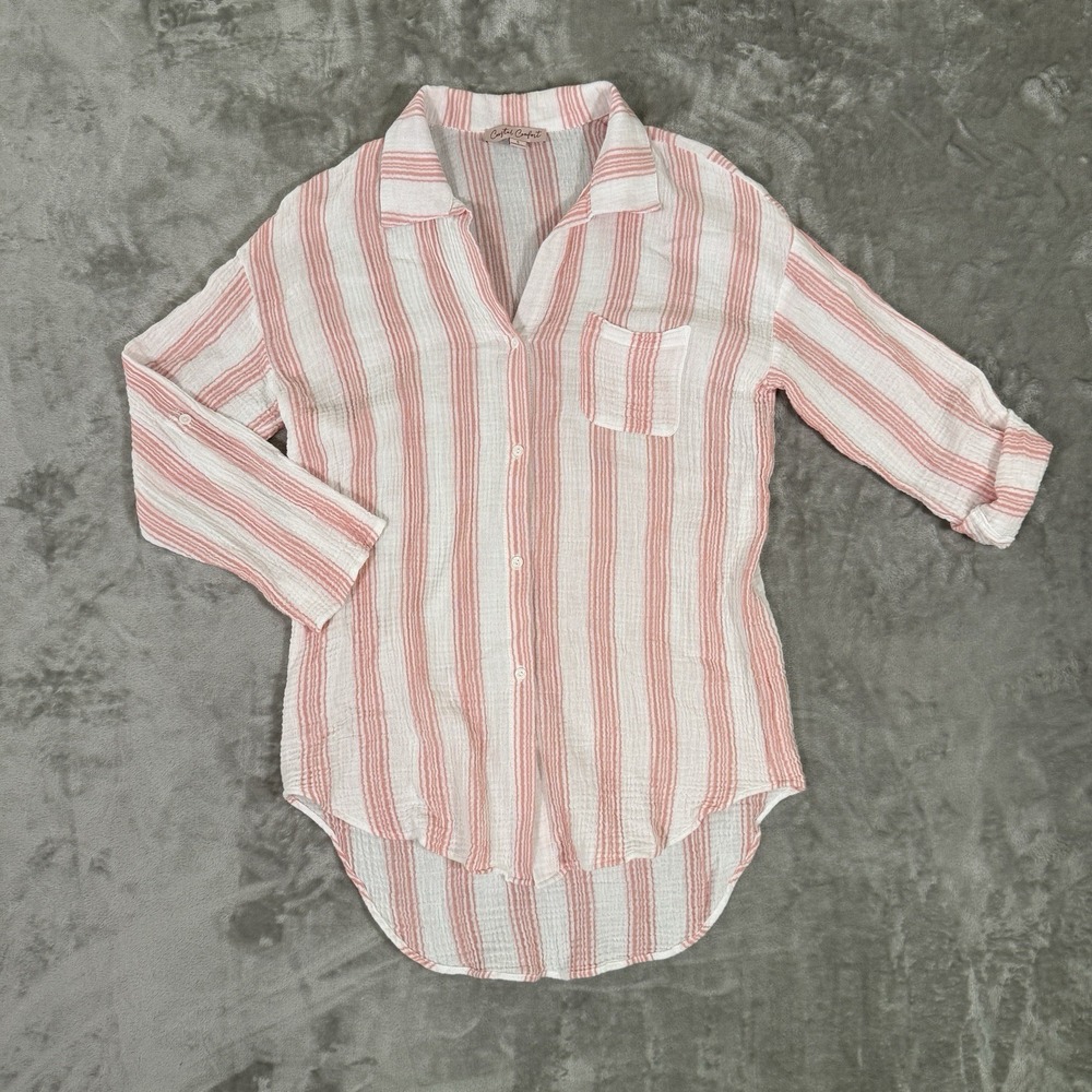 Coastal Comfort Pink White Striped Gauze Button Down Beachy Coverup Shirt Sz S